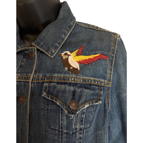Tommy Hilfiger Denim Jacket Embroidered Bird Heart Patch Blue Trucker Womens M - Picture 4 of 11